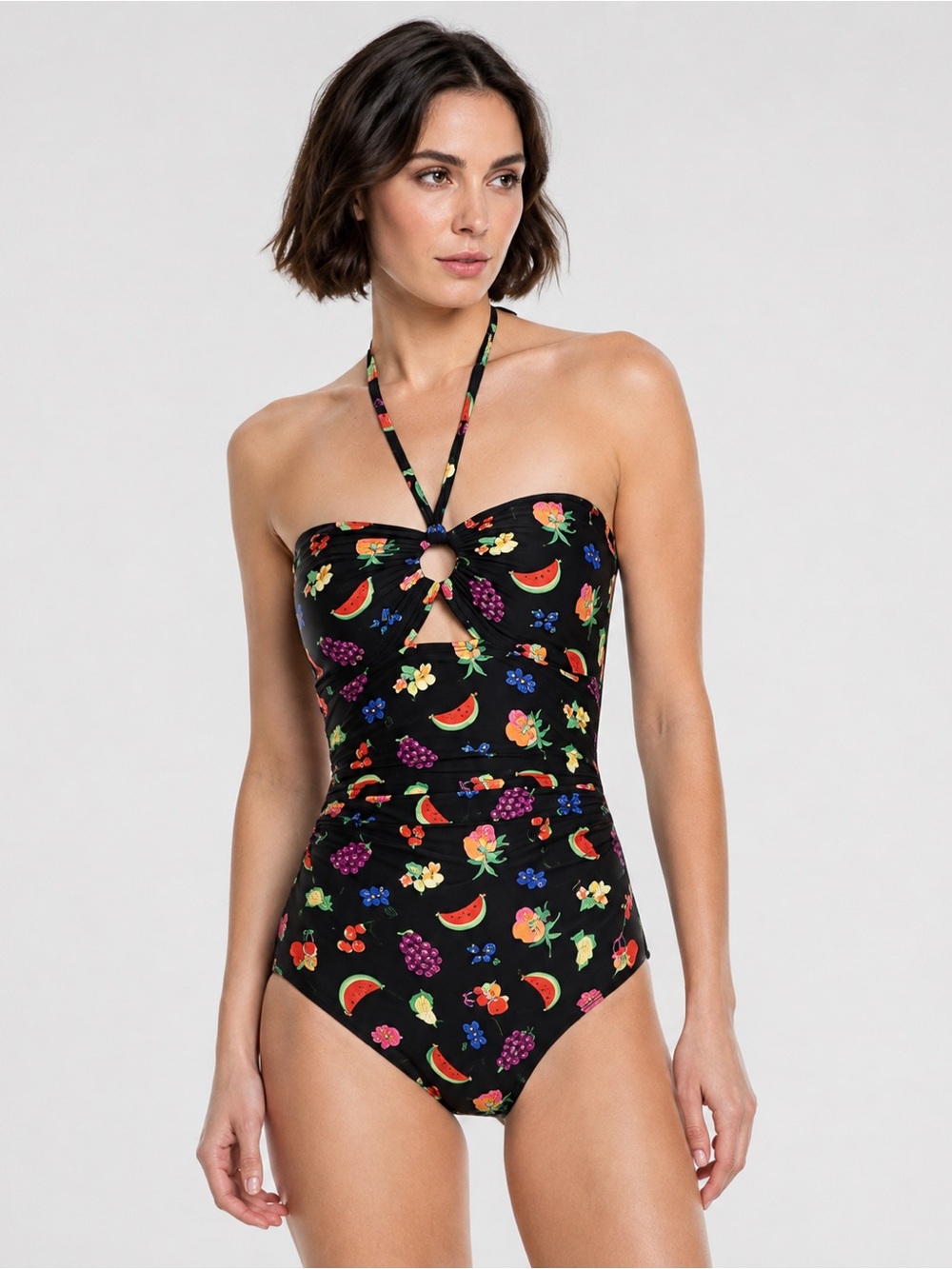 NWT Kate Spade Fruit Print Halter One Piece Swimsuit Size XL Black Cutout